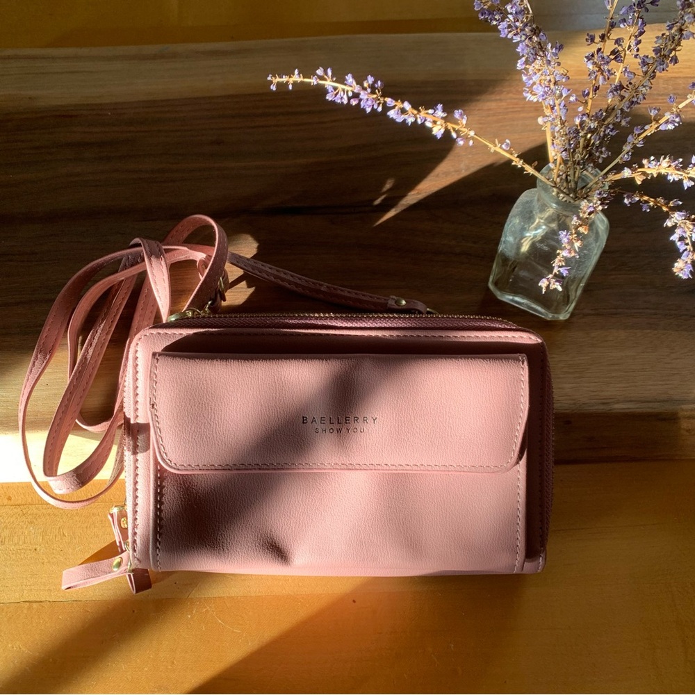 Pink Faux Leather Crossbody Ziparound Wallet Purse Bag Gold Hardware